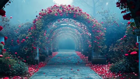 a tunnel of red roses in the middle of a garden