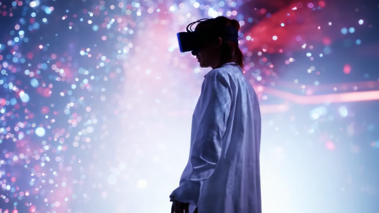 A mesmerizing journey into a virtual realm: the silhouette of an individual immersed in a captivating experience, surrounded by dazzling lights and colors in a wondrous digital atmosphere