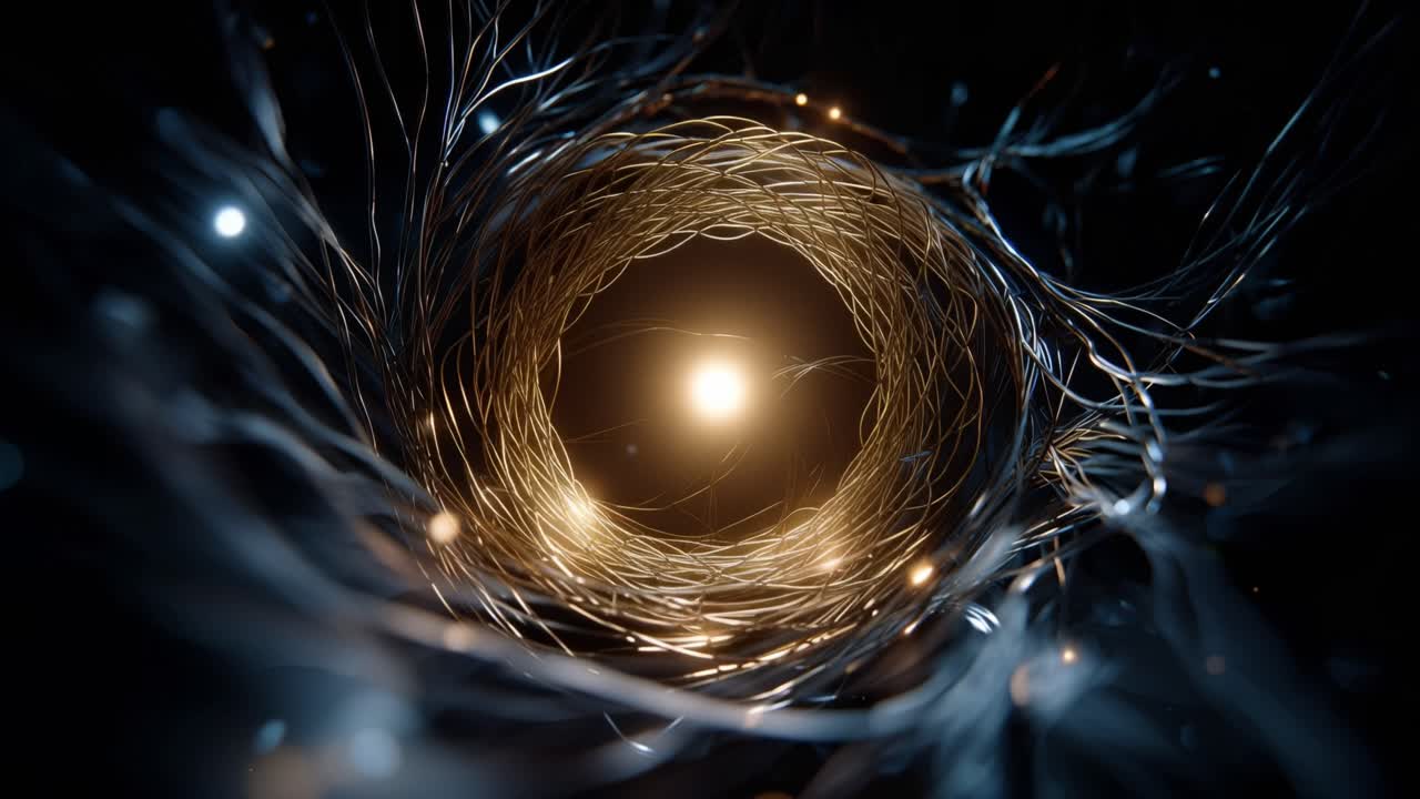 Luce dorata pulsa all'interno di un vorticoso tunnel cosmico. Oscure propaggini si estendono verso l'esterno, brillando sommessamente. Lo spazio profondo circonda questo nucleo radioso. Una presenza misteriosa e ultraterrena attira lo spettatore