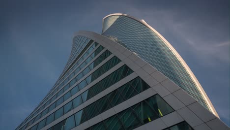 sunny day moscow modern city skyscrapers up view panorama 4k time lapse russia