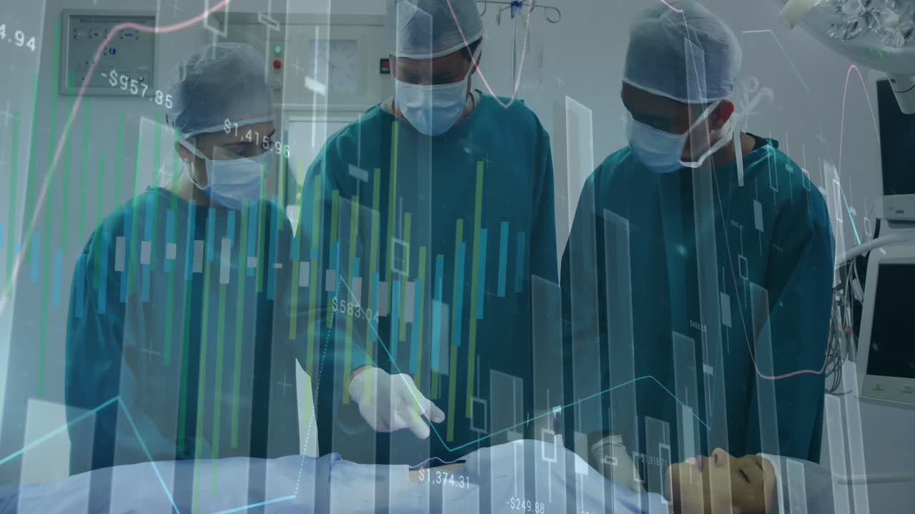 Animatie van statistische gegevensverwerking over een team chirurgen dat een operatie uitvoert in een ziekenhuis.