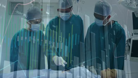 Animation-of-statistical-data-processing-over-team-of-surgeons-performing-operation-at-hospital