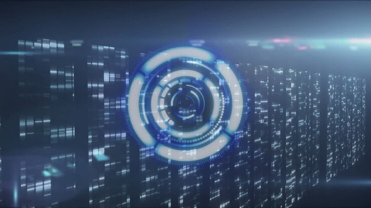Animation of scope scanning and data processing over tech room with computer servers