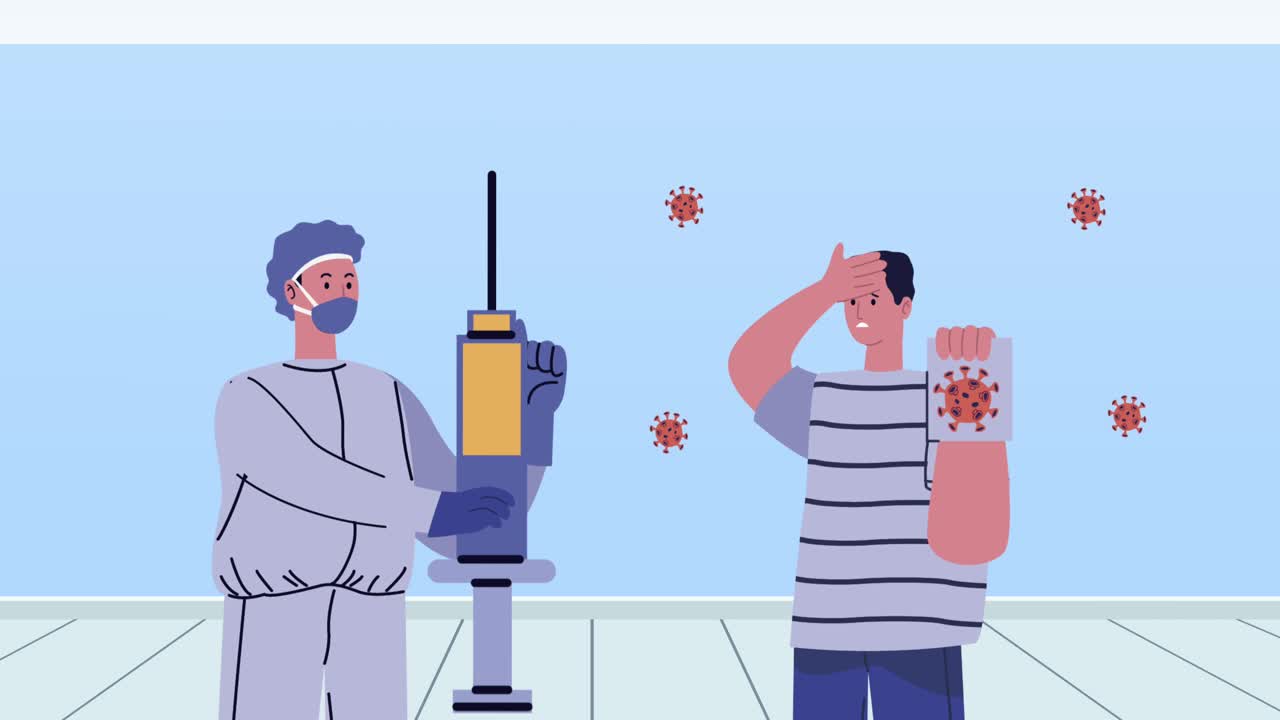 covid19 virus particles animation with doctor vaccinating man