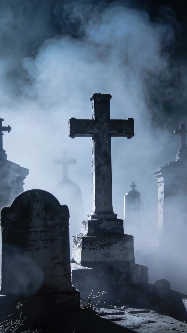 Vertical video: Pulsing ground fog revealing centered stone cross in moonlit cemetery, with crypts