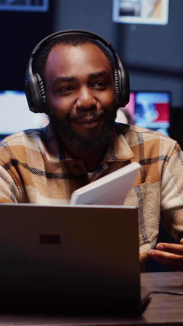 Vertical video Content creator broadcasting live on streaming platform from vibrant studio