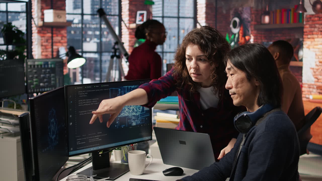 스타트업 동료들이 기기에서 코드 테스트와 품질 보장 작업을 하고 있습니다.