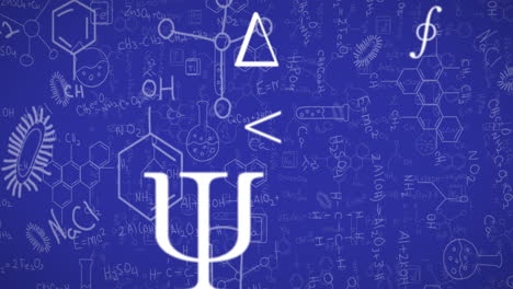 Animation-Medizinischer-Zeichnungen,-Mathematischer-Symbole-Und-Gleichungen-Auf-Blauem-Hintergrund