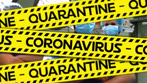 Animation of word Quarantine with healthcare worker in background during Covid19 pandemic