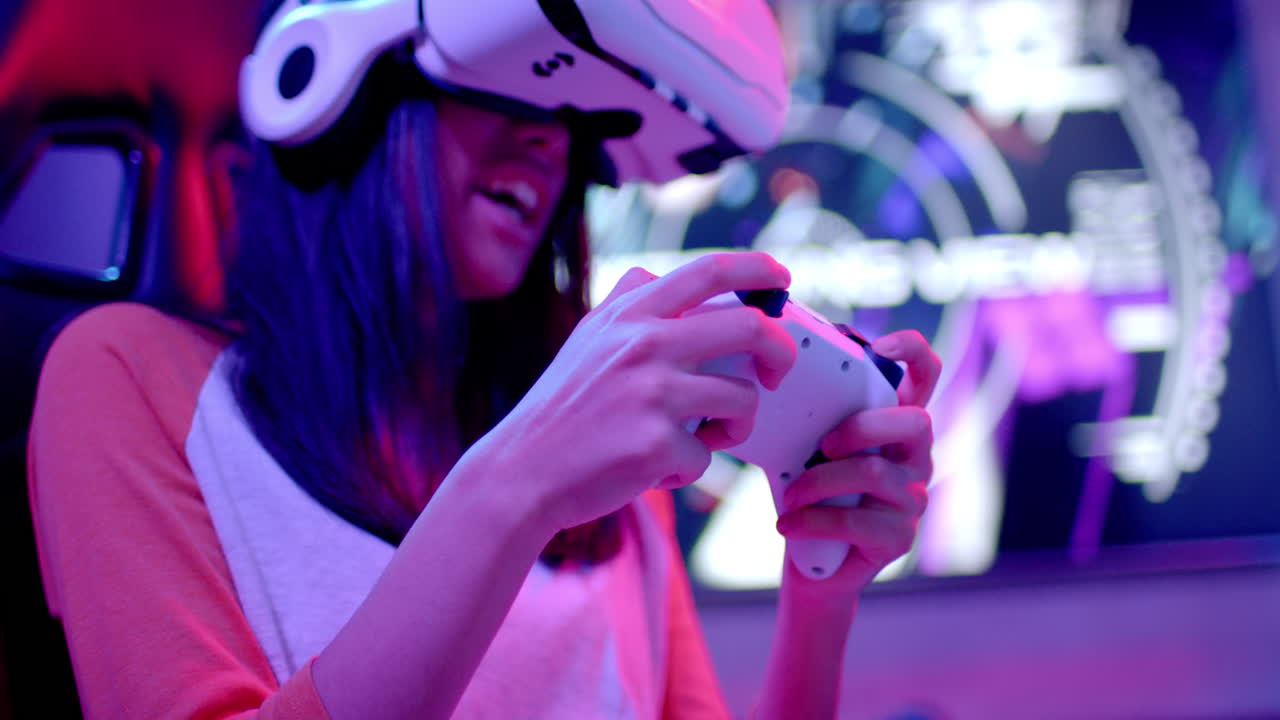 Playing video game, teenage girl using VR headset and controller, enjoying school break