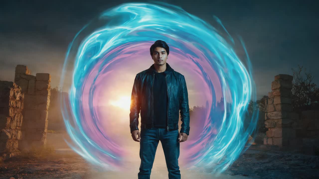 A man standing in front of a magical portal