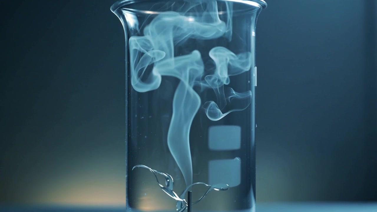 Rising vapor starting at metal rod inside clear glass vessel on studio tabletop, droplets shifting