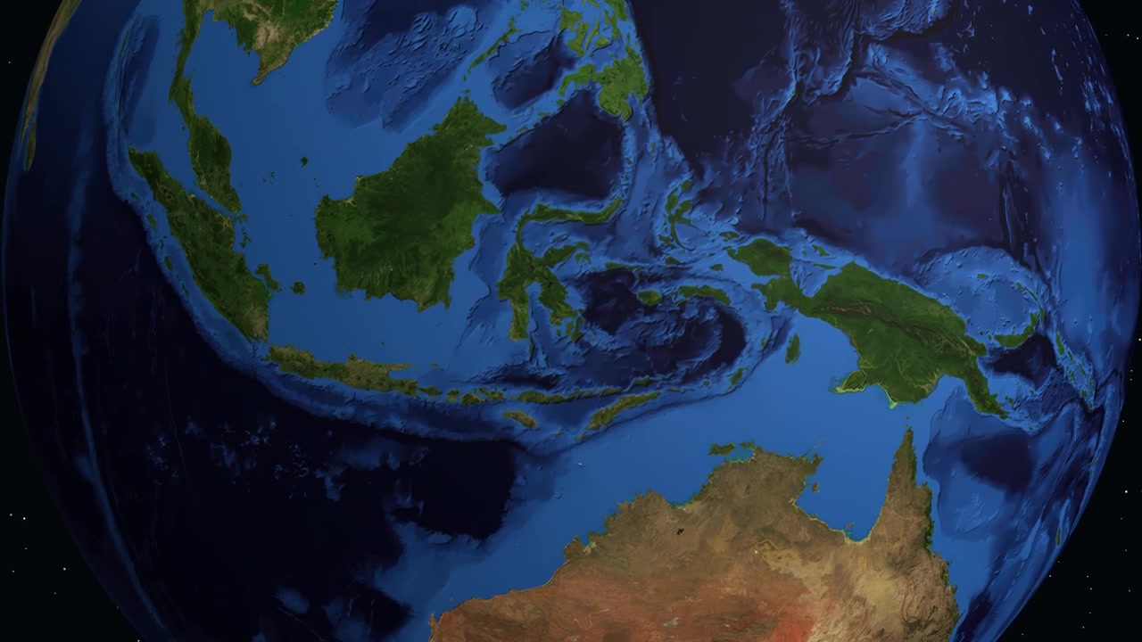 Un'animazione digitale zooma dallo spazio esterno su una mappa dettagliata di Ujungpandang, Indonesia