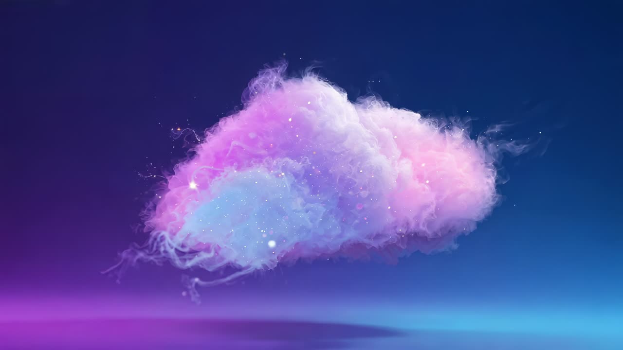 Expanding pastel cloud bulging toward camera as lighting shifting over horizon glow, with sparkles