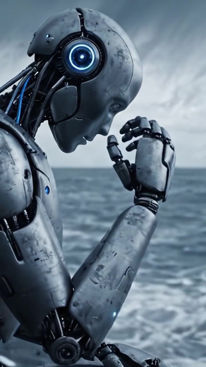 A contemplative robot figure sits alone by the shoreline, reflecting on existence against a backdrop of turbulent sea and stormy sky, embodying the intersection of technology and nature.