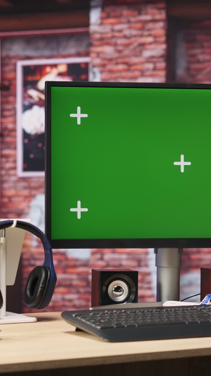 Vertical video Green screen mockup desktop PC display on cozy home office desk