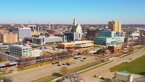 Good-drone-aerial-establishing-shot-of-Davenport-Quad-Cities-Iowa-and-the-Mississippi-River-foreground-4