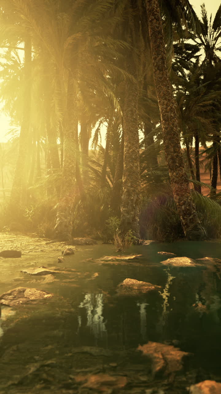 puesta de sol sobre un oasis de palmeras en el desierto