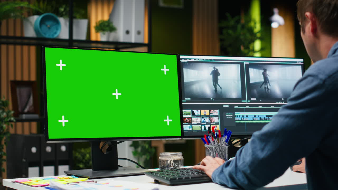 Green screen with skilled male video editor working with software in office