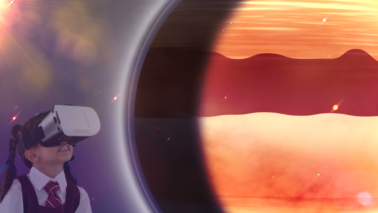vr 헤드을 착용한 아이가 가상 행성 애니메이션을 탐험하고 있습니다.