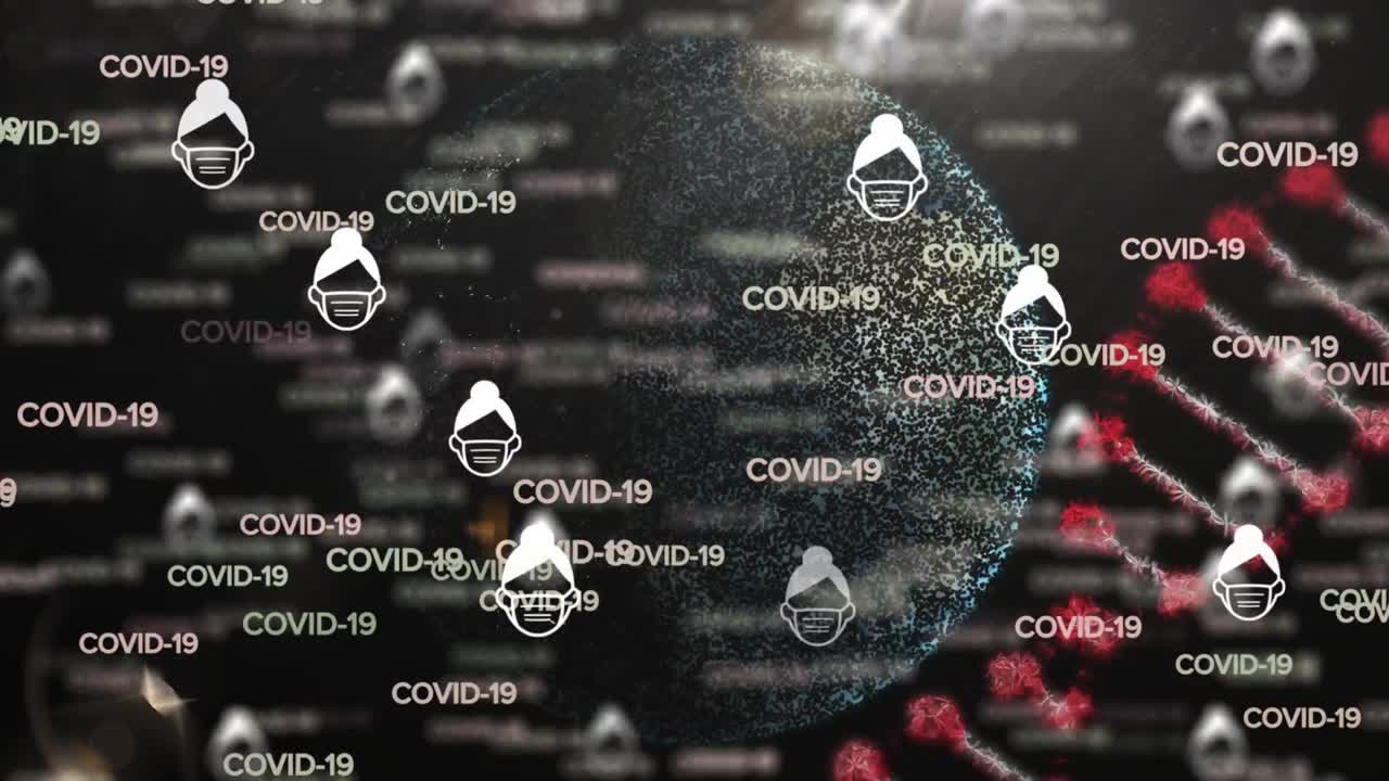texto covid-19 e iconos de máscaras faciales que se mueven contra el procesamiento de datos