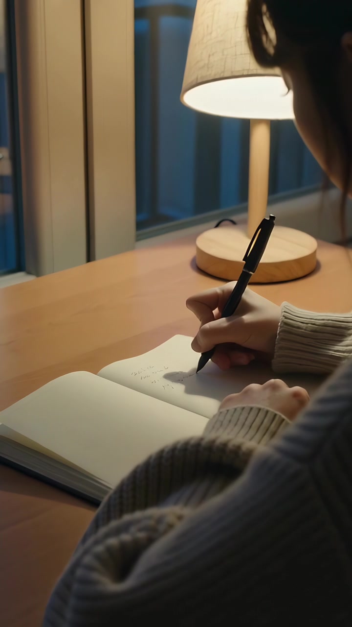 Vertical video: Putting pen, woman in knit sweater writing in notebook at desk lamp lit, copy space