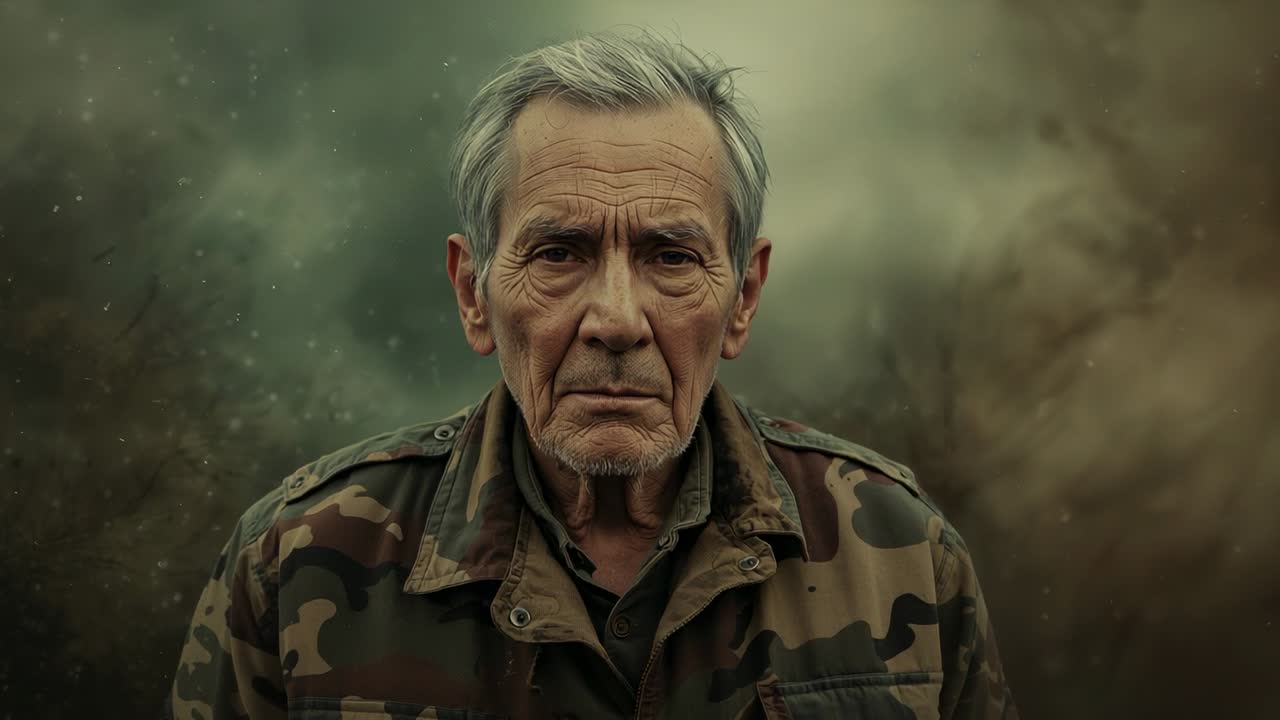 Shot showing soldier in camouflage jacket standing, staring through battlefield haze, showing grit