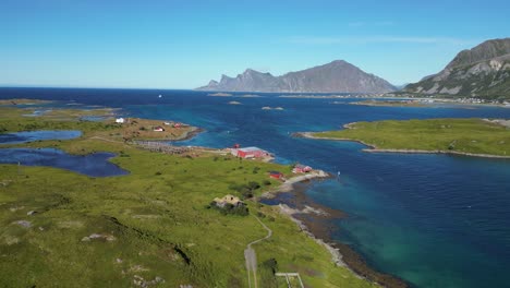 fishing farm at lofoten islands in norway - aerial