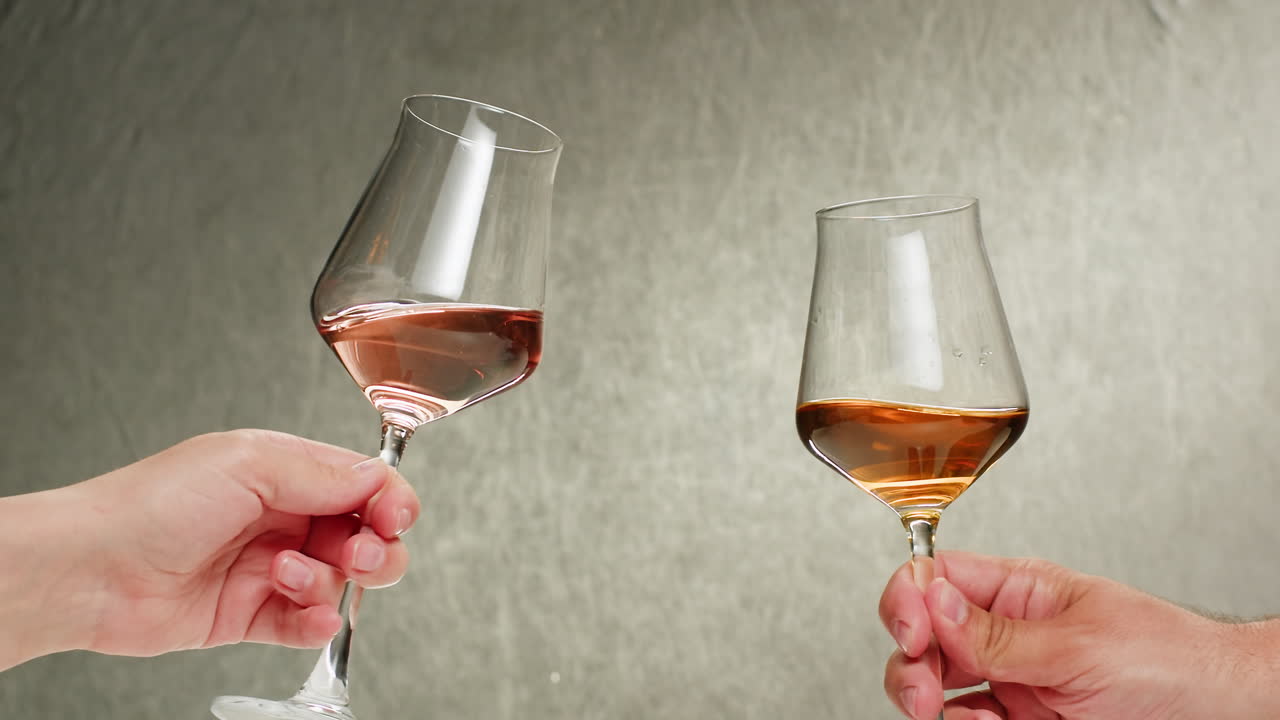 Rose Orange or white wine bottle and glass against a sunset in a peaceful vineyard, pouring of ecological natural wine. Cheers, hands with wine glasses, drinking alcohol.