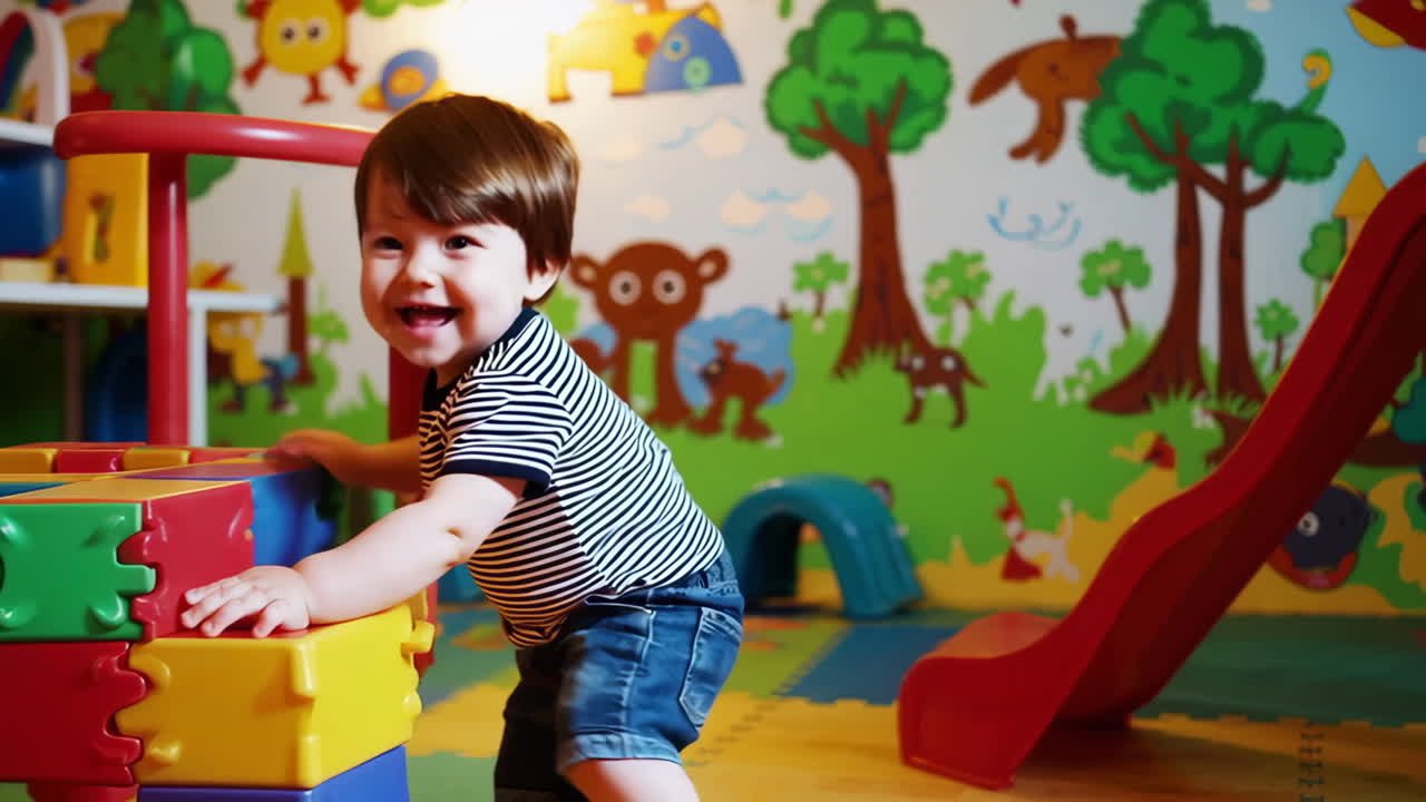 Niño pequeño feliz jugando y riendo en un parque infantil interior colorido