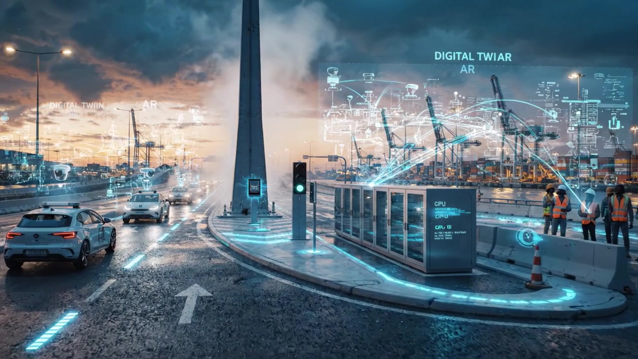 Gestione del traffico urbano a infrarossi che utilizza Digital Twin e Realtà Aumentata in un porto trafficato, evidenziando sicurezza e integrazione tecnologica.