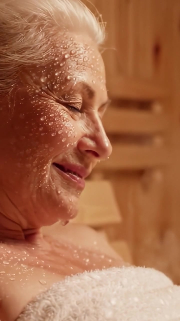 A Renewing Experience: Relaxation and Rejuvenation in a Warm Sauna with Serene Expressions and Refreshing Water Beads