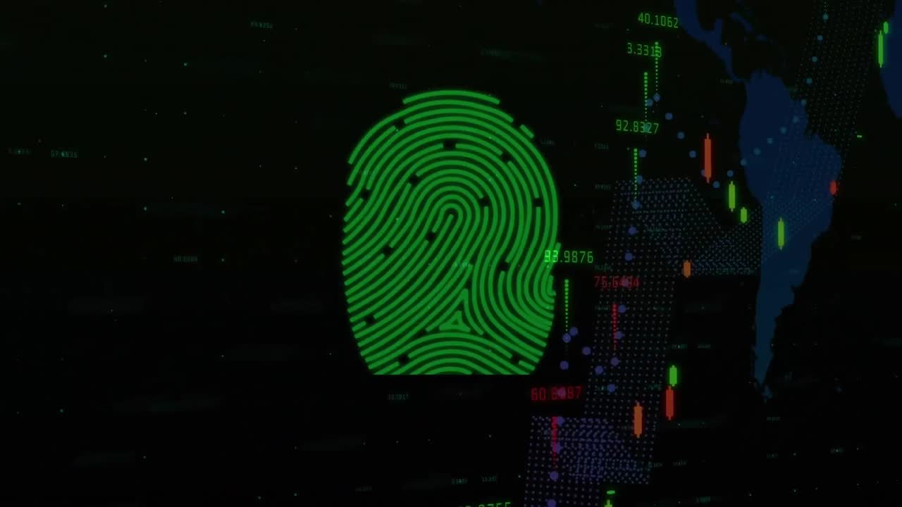 animación de huellas dactilares biométricas sobre el procesamiento estadístico y el mapa del mundo