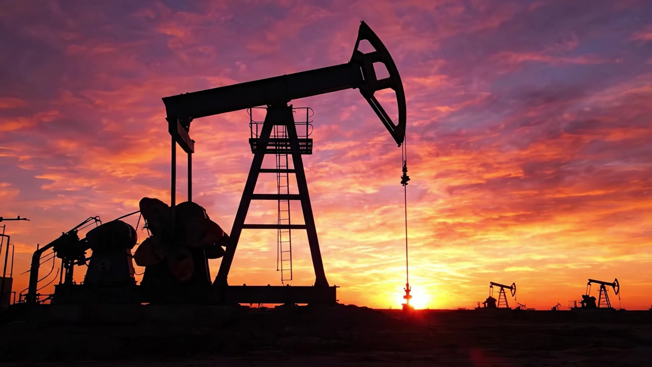 Silhouetted Oil Pump Jacks Against a Stunning Sunset Sky, Highlighting the Intersection of Natural Beauty and Industrial Activity in Energy Production