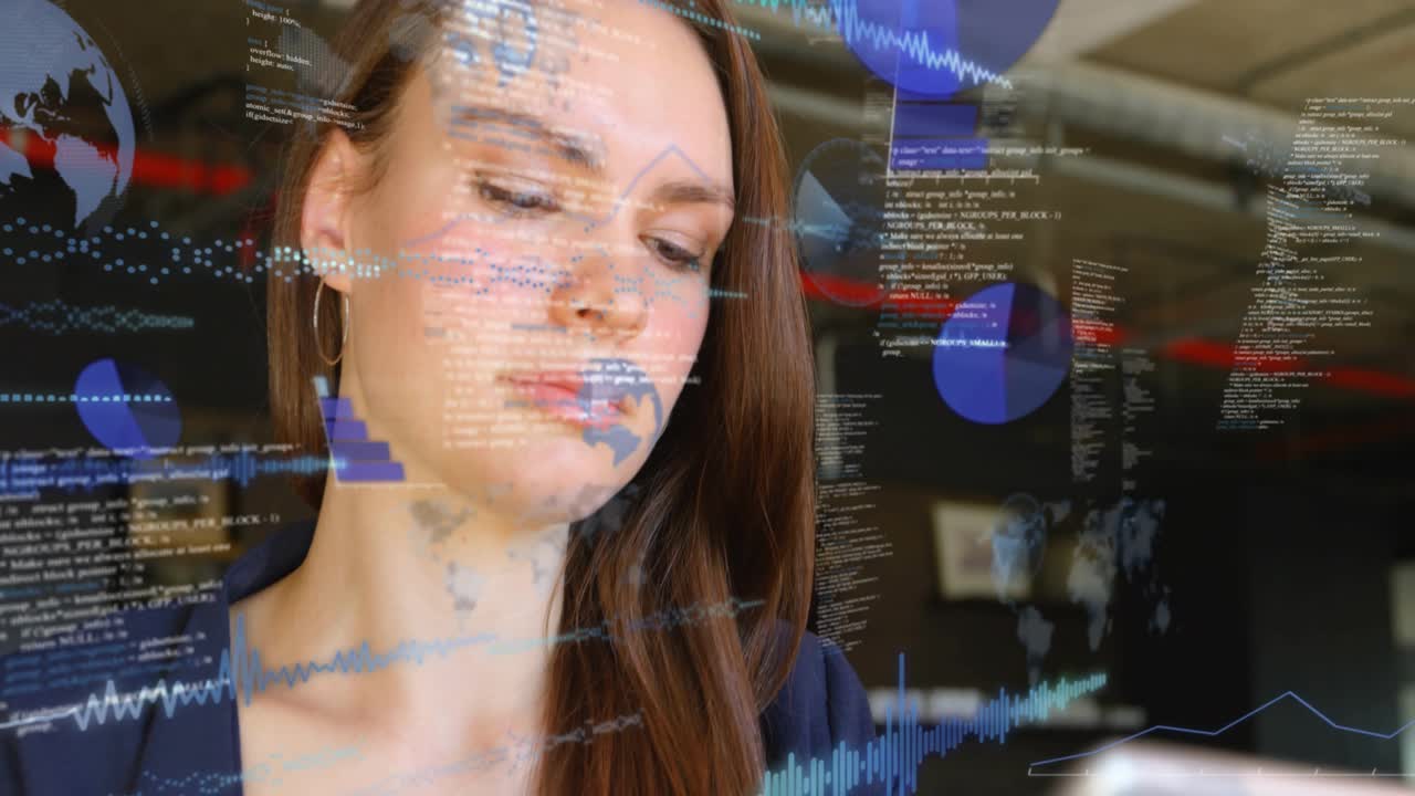 Woman tapping tablet in office reviewing tech data causing charts growing from tablet across face