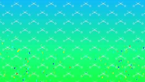 animation of squares and confetti over blue and green background