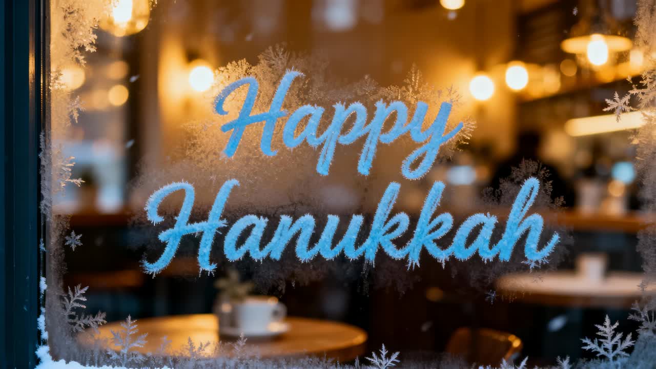 Clip starting camera zooming on blue Happy Hanukkah text on frosted glass at cafe, showing greeting