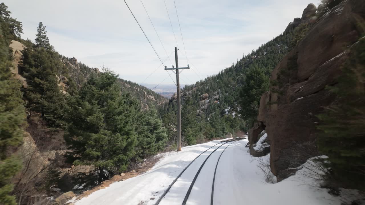 Manitou And Pikes Peak Cog Railway Through Snowy Mountain Pass In Colorado, USA. POV, pullback shot