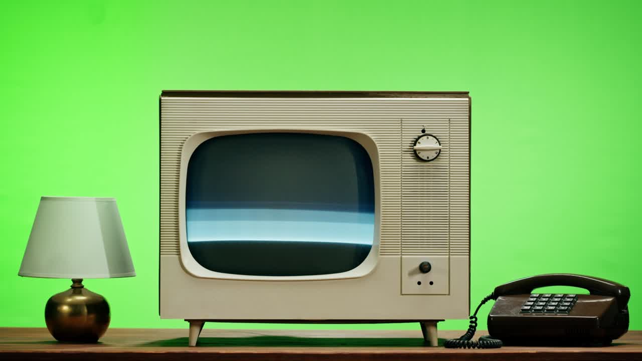Old television with grey screen on chroma green background. Close-up of vintage tv on table with retro phone, nostalgia