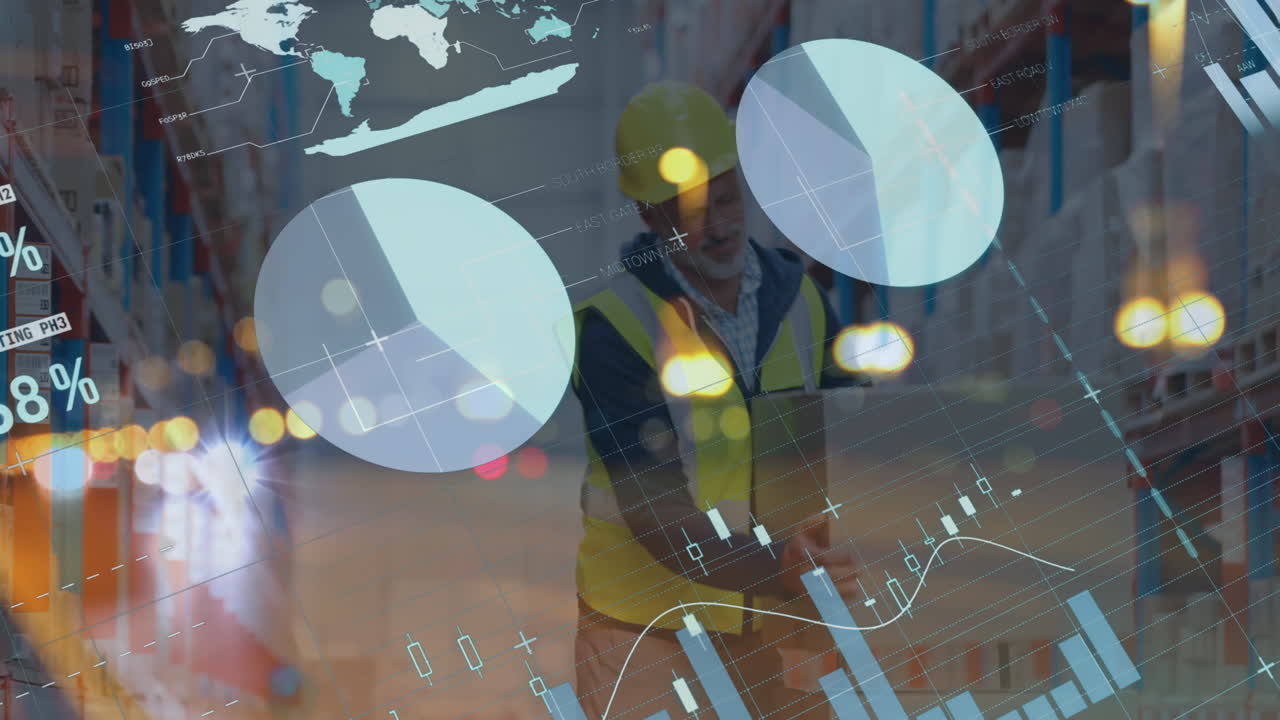 animación de gráficos y datos financieros sobre un trabajador de almacén caucásico