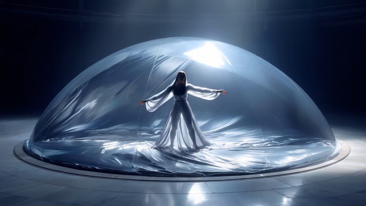 An ethereal figure draped in flowing fabric gracefully emerges within a translucent dome, illuminated by soft rays of light that capture a mystical atmosphere of enchantment and serenity