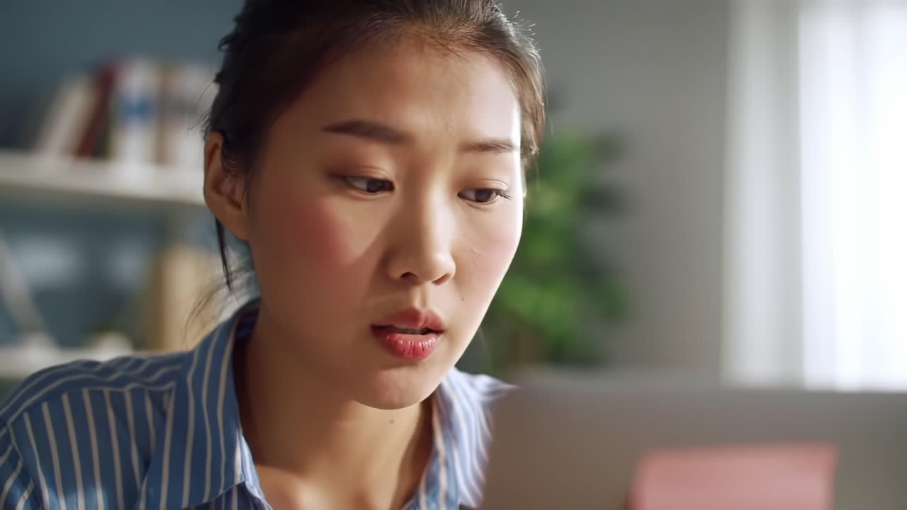 Focused Young Woman Engaged with Her Laptop, Reflecting Intensity and Concentration in a Bright, Cozy Room Environment