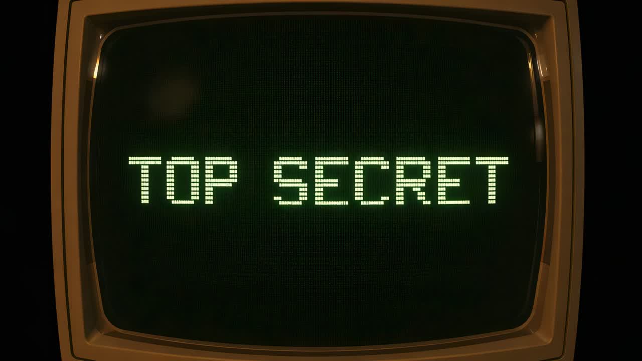 Showing beige CRT monitor with TOP SECRET green-dot text in studio, warm light causing glare shift