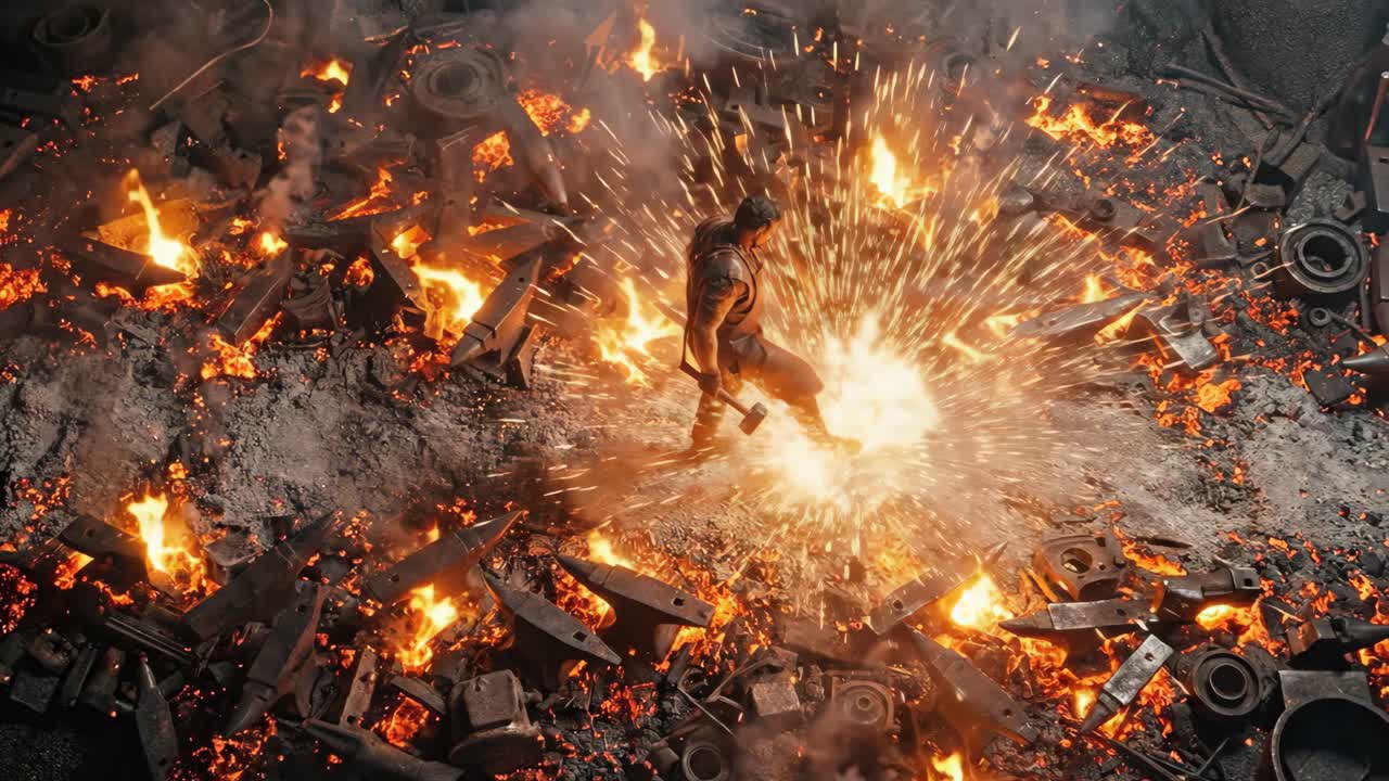 Uomo che colpisce il terreno con un martello tra fuoco e scintille