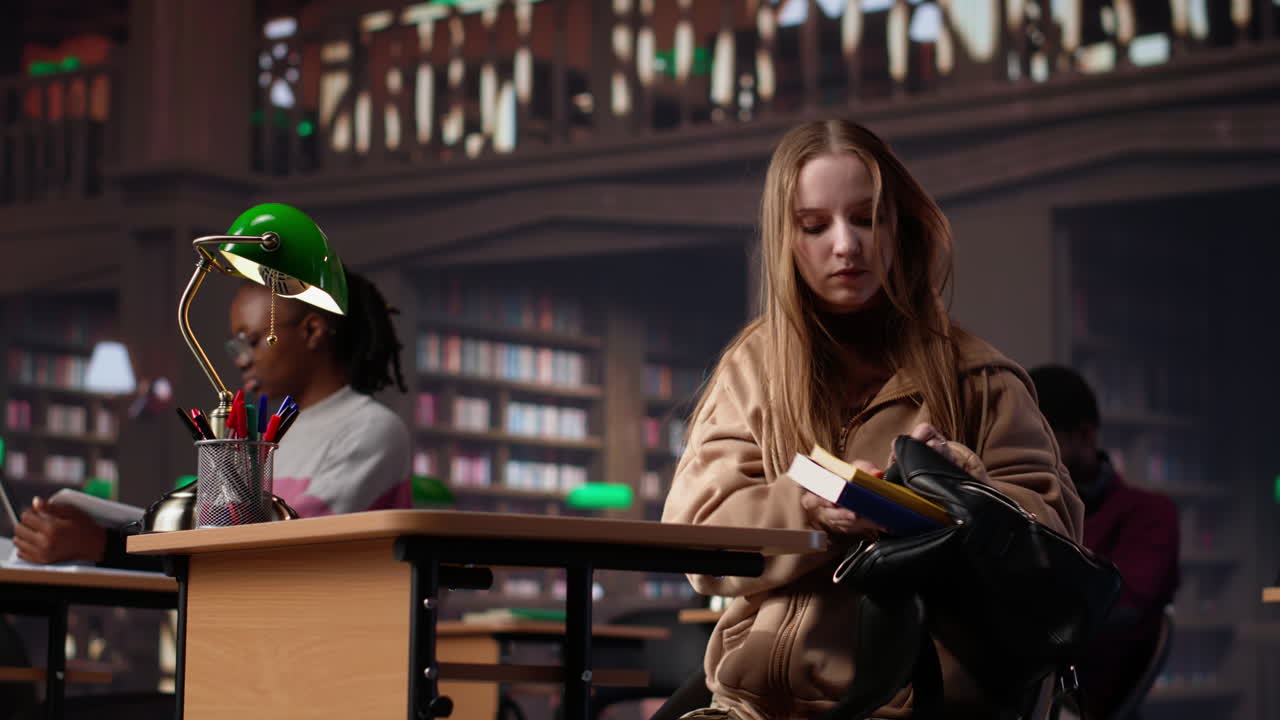 Vertical video female college student reads and writes detailed notes for a new course