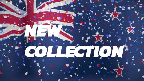 new collection text animation over confetti and flag of new zealand