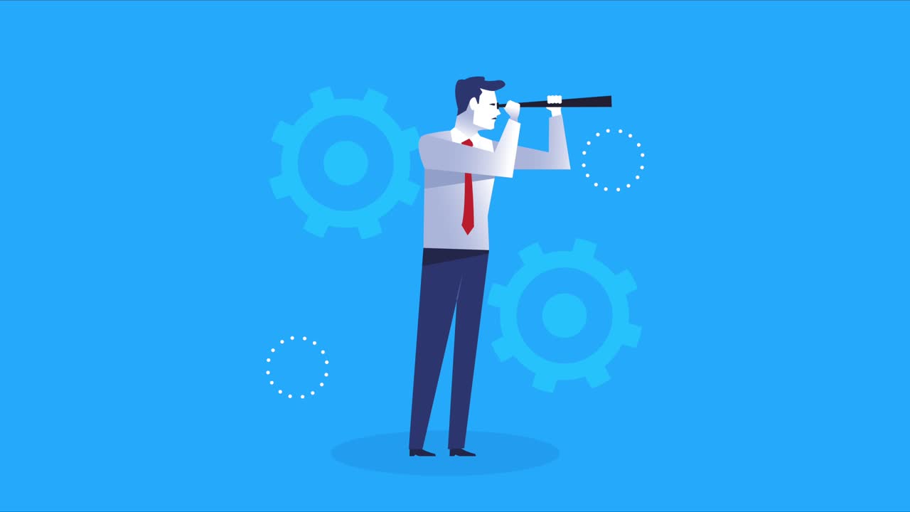 elegant businessman worker with telescope and gears