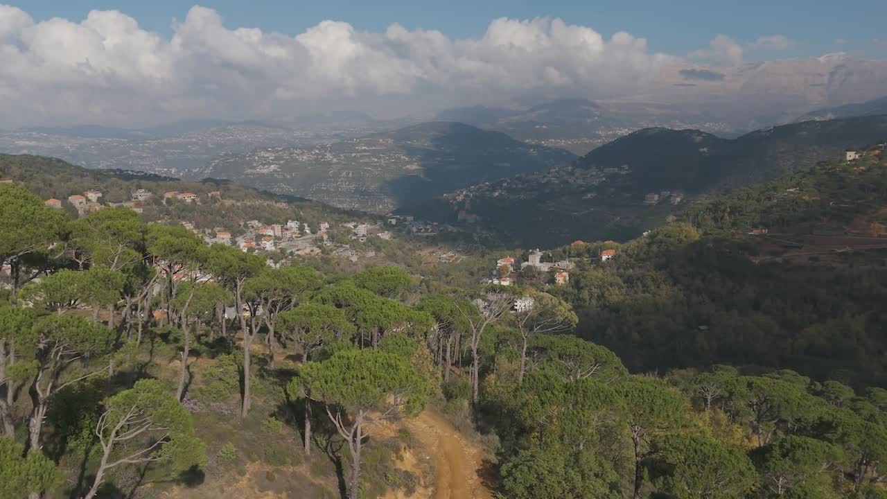 Lübnan'daki yoğun Dhour Shweir ormanının ağaç tepeleri üzerinde dron havadan dönüşü. Çevre, ekoturizm, seyahat pazarlaması, doğa arka planları ve sinematik genel çekimler için mükemmel