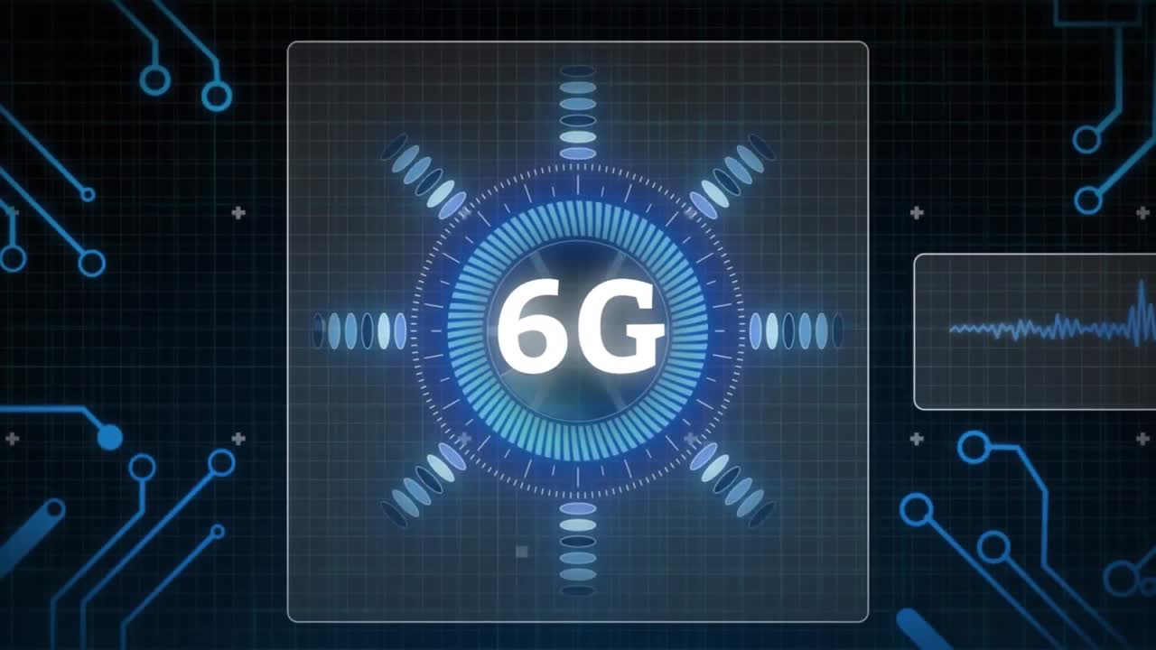 animación de texto de 6 g sobre escaneo de alcance y placa de circuito de computadora