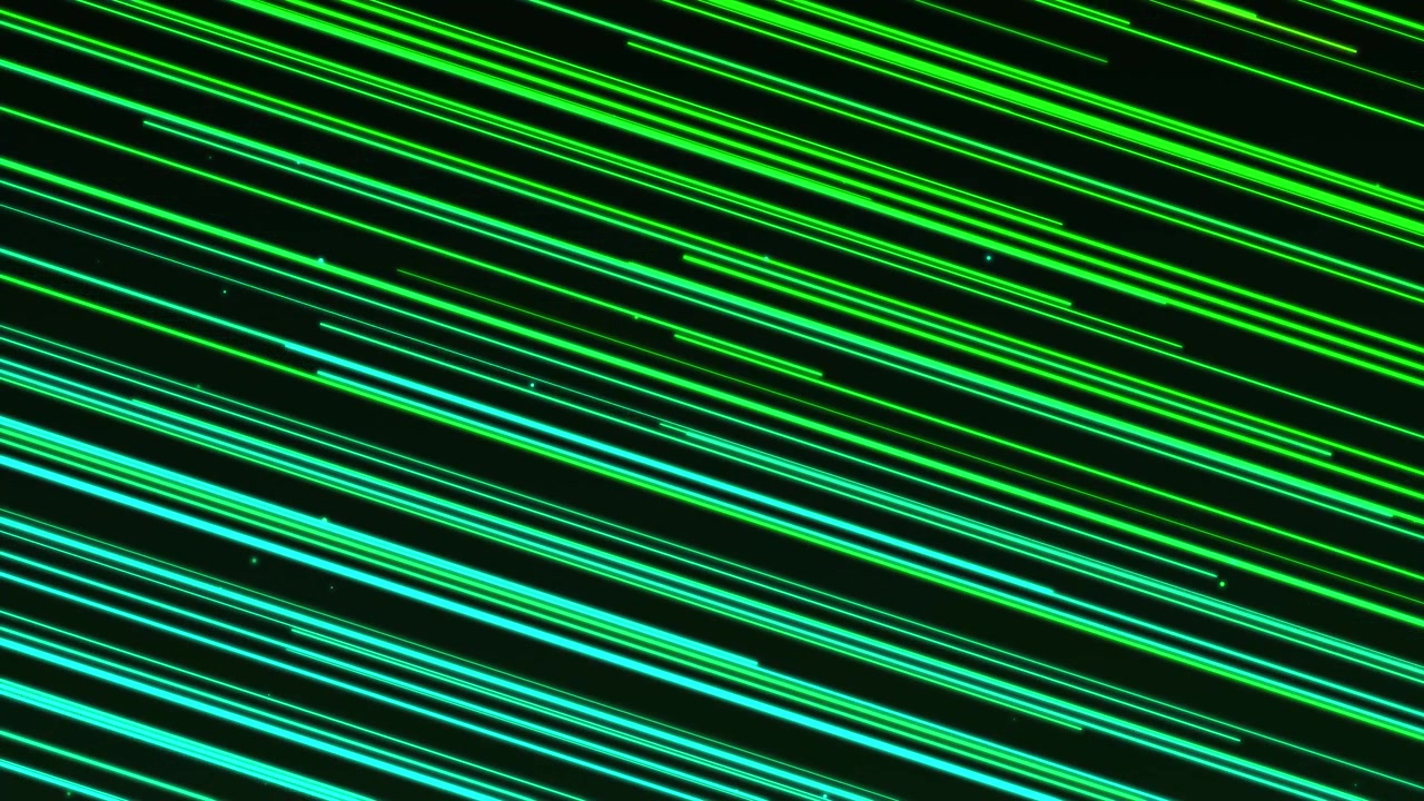 Linee e scie di velocità diagonali verdi luminose che si muovono velocemente su sfondo scuro, loop continuo.